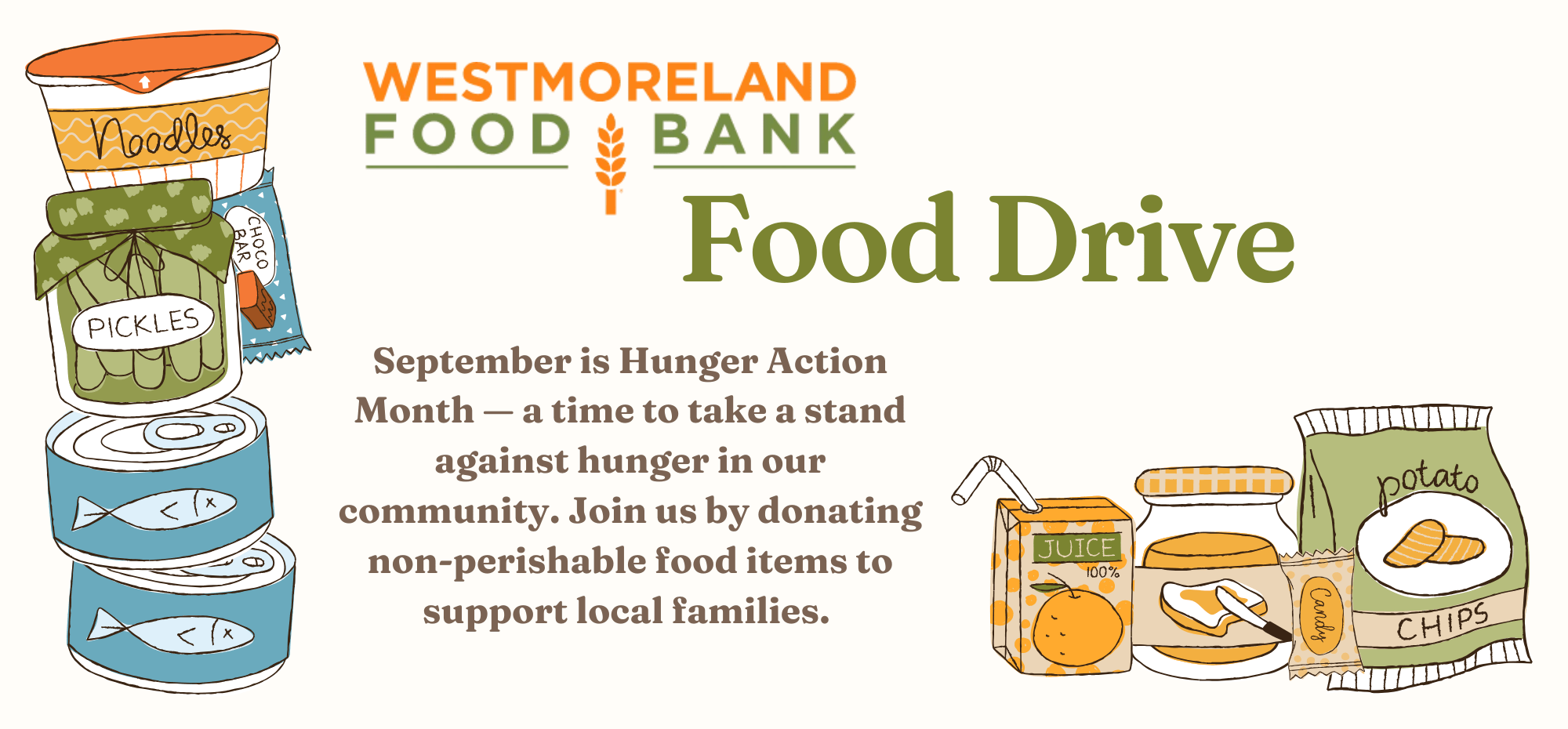Image of various non-perishable food items. With text describing the food drive at the library.