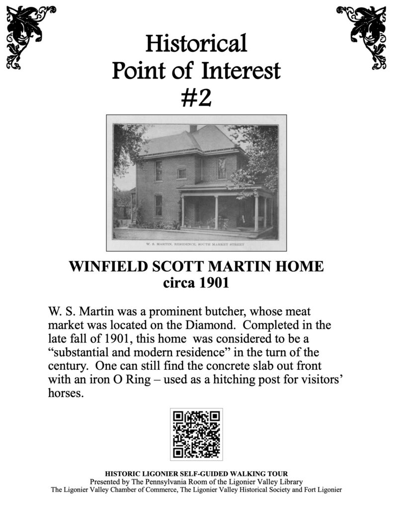 W. S. Martin was a prominent butcher, whose meat market was located on the Diamond. Completed in the late fall of 1901, this home was considered to be a “substantial and modern residence” in the turn of the century. One can still find the concrete slab out front with an iron O Ring – used as a hitching post for visitors’ horses.