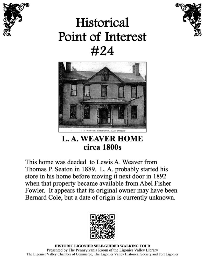 This home was deeded to Lewis A. Weaver from Thomas P. Seaton in 1889. L. A. probably started his store in his home before moving it next door in 1892 when that property became available from Abel Fisher Fowler. It appears that its original owner may have been Bernard Cole, but a date of origin is currently unknown.