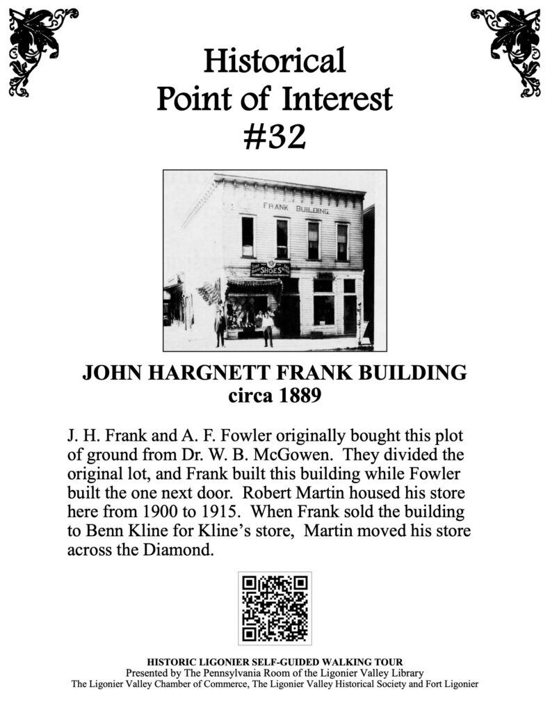 J. H. Frank and A. F. Fowler originally bought this plot of ground from Dr. W. B. McGowen. They divided the original lot, and Frank built this building while Fowler built the one next door. Robert Martin housed his store here from 1900 to 1915. When Frank sold the building to Benn Kline for Kline’s store, Martin moved his store across the Diamond.