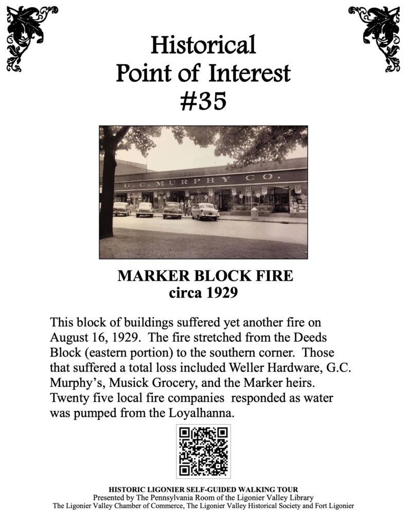 This block of buildings suffered yet another fire on August 16, 1929. The fire stretched from the Deeds Block (eastern portion) to the southern corner. Those that suffered a total loss included Weller Hardware, G.C. Murphy’s, Musick Grocery, and the Marker heirs. Twenty five local fire companies responded as water was pumped from the Loyalhanna.