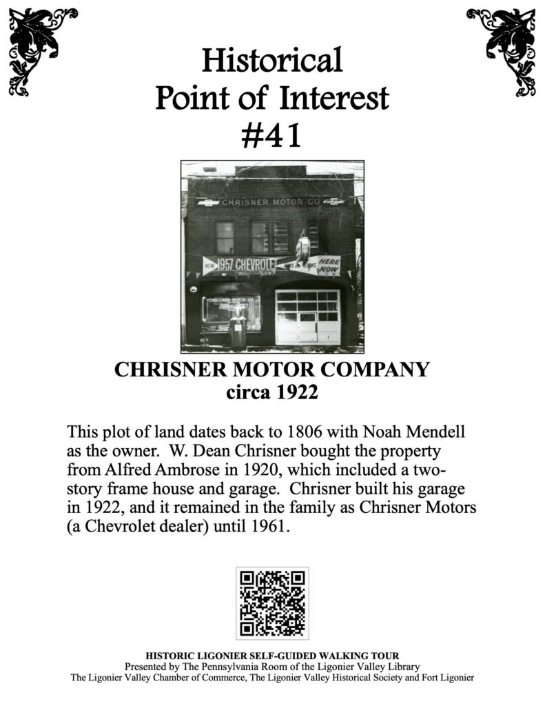 This plot of land dates back to 1806 with Noah Mendell as the owner. W. Dean Chrisner bought the property from Alfred Ambrose in 1920, which included a two- story frame house and garage. Chrisner built his garage in 1922, and it remained in the family as Chrisner Motors (a Chevrolet dealer) until 1961.