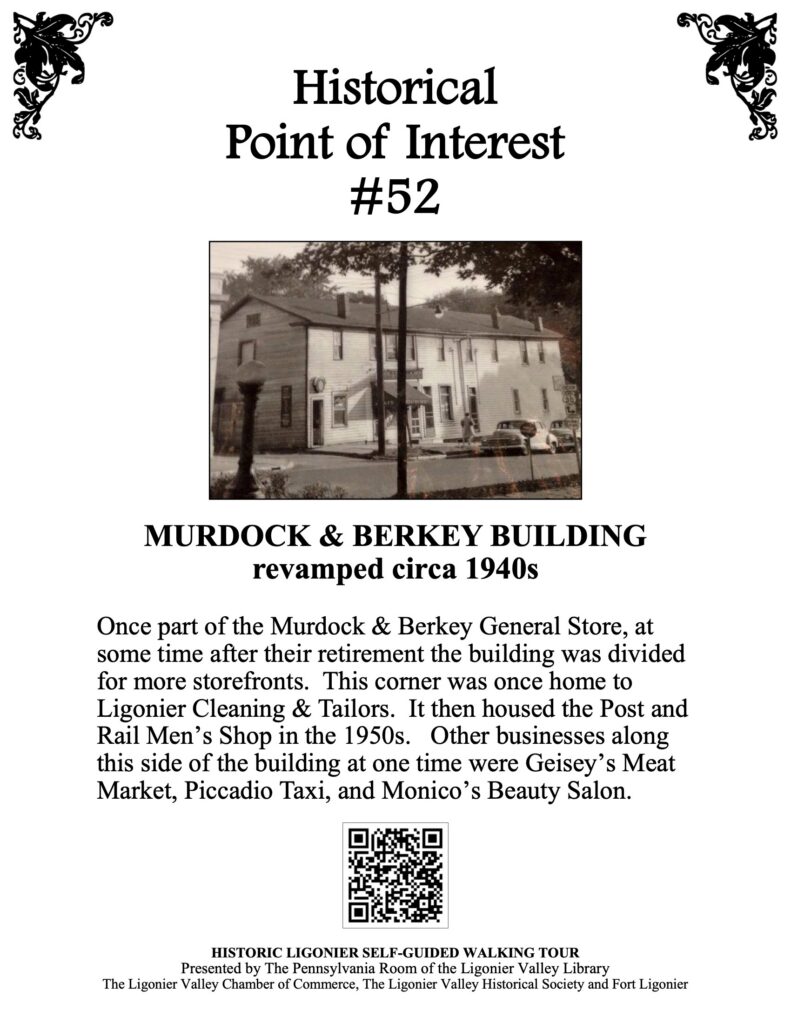 Once part of the Murdock & Berkey General Store, at some time after their retirement the building was divided for more storefronts. This corner was once home to Ligonier Cleaning & Tailors. It then housed the Post and Rail Men’s Shop in the 1950s. Other businesses along this side of the building at one time were Geisey’s Meat Market, Piccadio Taxi, and Monico’s Beauty Salon.