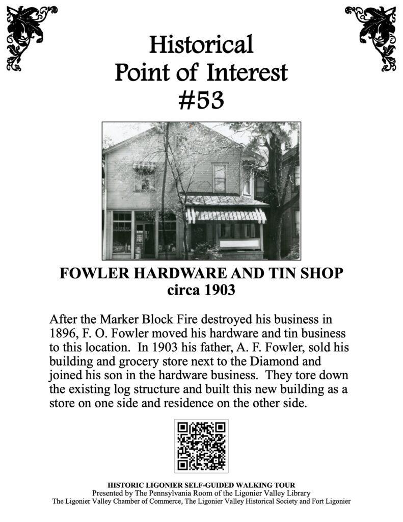 After the Marker Block Fire destroyed his business in 1896, F. O. Fowler moved his hardware and tin business to this location. In 1903 his father, A. F. Fowler, sold his building and grocery store next to the Diamond and joined his son in the hardware business. They tore down the existing log structure and built this new building as a store on one side and residence on the other side.