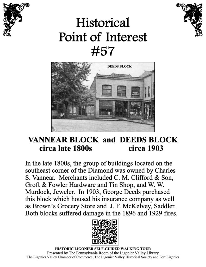 In the late 1800s, the group of buildings located on the southeast corner of the Diamond was owned by Charles S. Vannear. Merchants included C. M. Clifford & Son, Groft & Fowler Hardware and Tin Shop, and W. W. Murdock, Jeweler. In 1903, George Deeds purchased this block which housed his insurance company as well as Brown’s Grocery Store and J. F. McKelvey, Saddler. Both blocks suffered damage in the 1896 and 1929 fires.