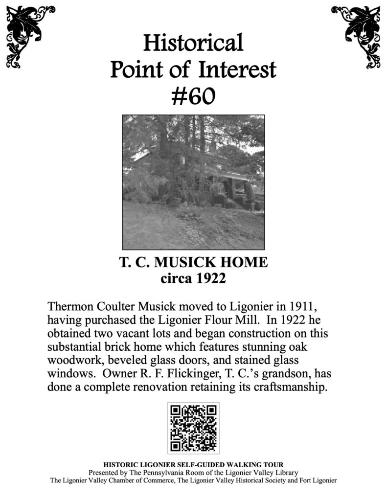 Thermon Coulter Musick moved to Ligonier in 1911, having purchased the Ligonier Flour Mill. In 1922 he obtained two vacant lots and began construction on this substantial brick home which features stunning oak woodwork, beveled glass doors, and stained glass windows. Owner R. F. Flickinger, T. C.’s grandson, has done a complete renovation retaining its craftsmanship.